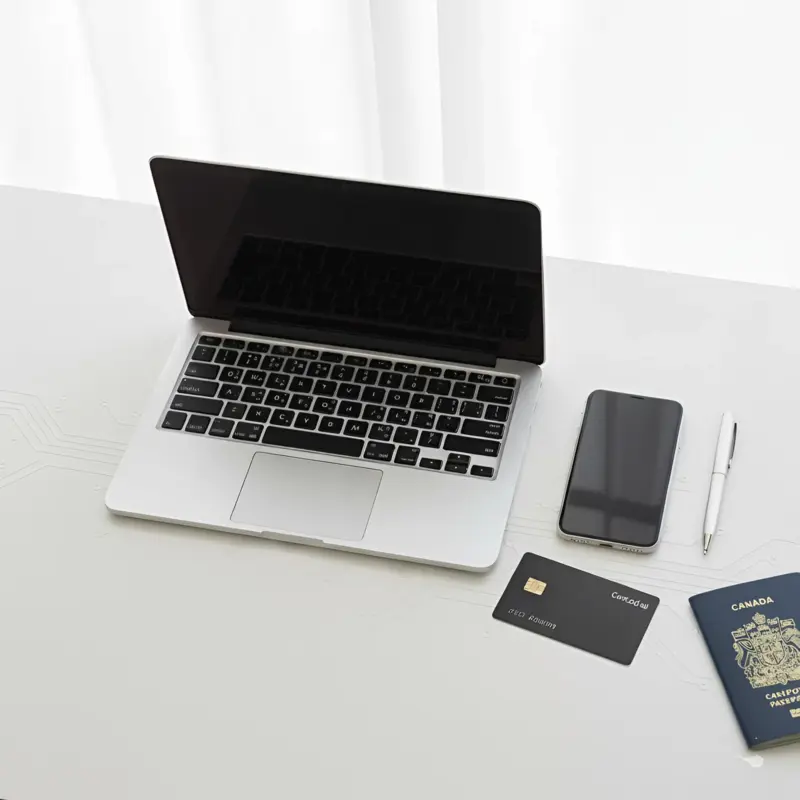 MacBook Air and iPhone on a clean white desk — representing Wealthsimple’s 2025 deposit promo reward for Canadians.